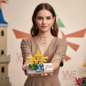 A woman holding a Legend of Zelda 40th anniversary brick display with two characters and a golden symbol!
