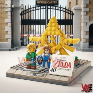 New The Legend Of Zelda 40Th Anniversary 2026 Brick Building 4 Legend of Zelda 40th anniversary brick display with characters and golden symbol in front of a castle gate!