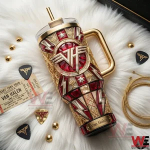 Red and gold Van Halen themed tumbler with handle and straw displayed on a soft background!