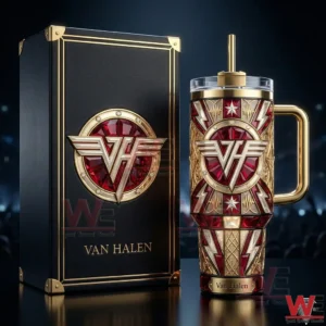 New Van Halen 2026 Tumbler 3 Van Halen themed red and gold tumbler with handle next to a black and gold presentation box!