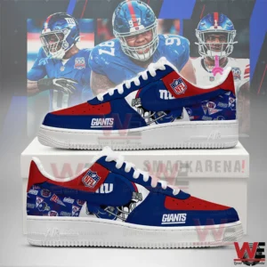 Custom New York Giants themed sneakers in red white and blue with team logos and helmet graphic!