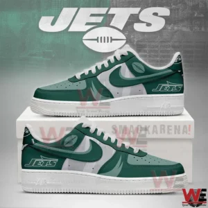 Green and white New York Jets themed sneakers displayed on a box!