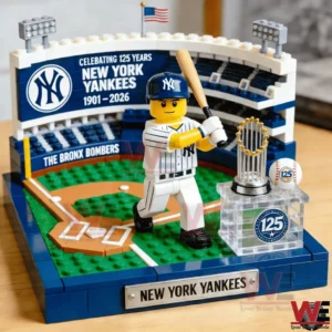 Brick model of a New York Yankees baseball player standing in a small stadium display with a trophy and anniversary sign!
