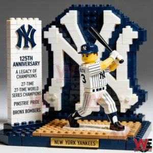 Brick model of a New York Yankees baseball player batting in front of a large team logo display!