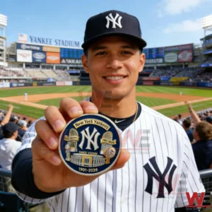 New York Yankees player holding a 125 year commemorative coin at Yankee Stadium!