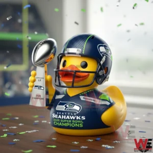 Seattle Seahawks rubber duck wearing a football helmet and holding a championship trophy!
