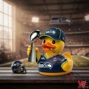 Seattle Seahawks rubber duck holding a trophy with a football stadium behind!