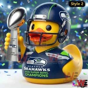 Close up of Seattle Seahawks rubber duck with helmet holding a championship trophy!