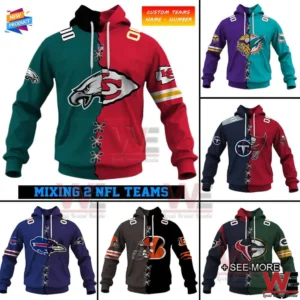 Custom NFL hoodies split between two different teams with bold colors and logos!