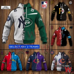 Custom split sports team hoodies featuring combined logos and colors from two different teams!