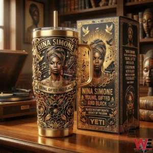 Insulated tumbler featuring Nina Simone with Young Gifted And Black design!