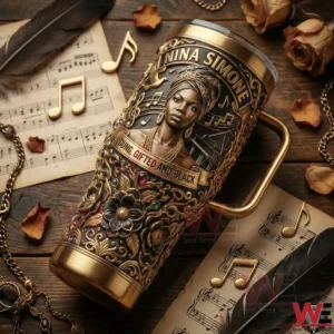 Nina Simone themed tumbler resting on sheet music background!