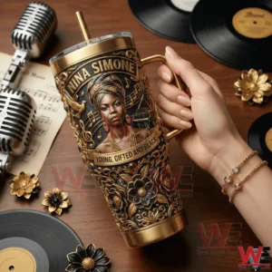 Hand holding Nina Simone inspired tumbler near vinyl records!
