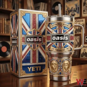 Oasis themed stainless tumbler with matching box on a wooden table!