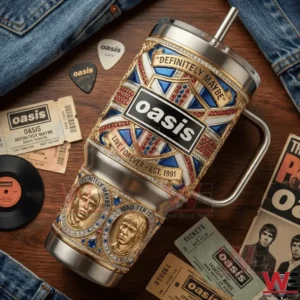 Oasis themed tumbler surrounded by tickets picks and vinyl records!