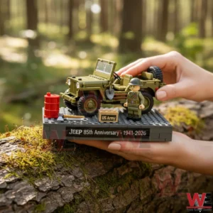 Brick model of military Jeep with soldier figure on anniversary display base!