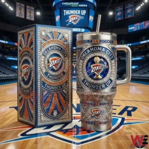 Oklahoma City Thunder tumbler displayed on a basketball court with branded box!