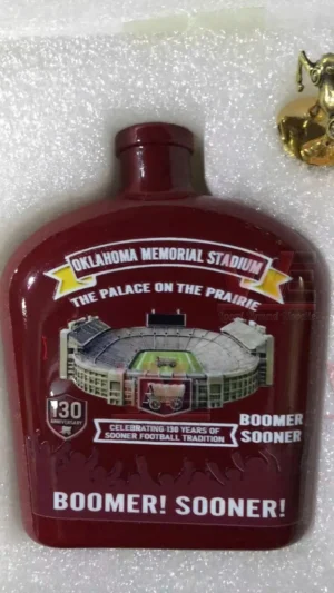 Red commemorative bottle featuring Oklahoma Memorial Stadium with Sooner football branding!