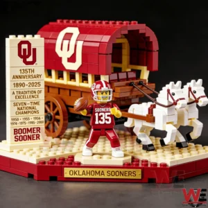 Brick model of Oklahoma Sooners 135th Anniversary wagon with football player and two white horses on display base.