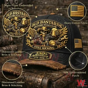 Black cap with Old Bastards Motorcycle Club embroidery 250th anniversary patch and USA flag side patch!