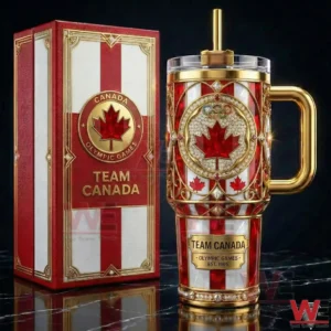 Luxury Team Canada tumbler with red white and gold design and maple leaf emblem!