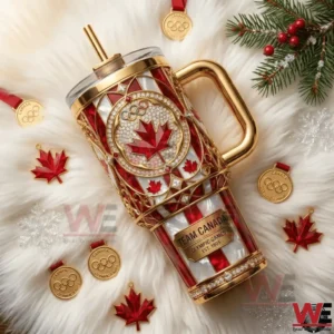 Team Canada tumbler displayed with medals and festive background!