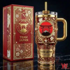 Red and gold Team Japan Olympic tumbler with ornate Japanese design!