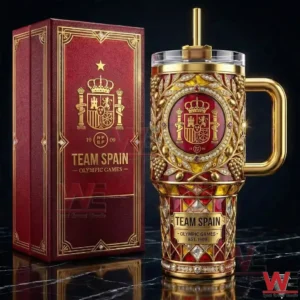 Luxury Team Spain tumbler with red and gold royal design next to a matching presentation box!