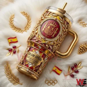 Team Spain tumbler with ornate gold red design surrounded by Olympic symbols and Spanish flags!