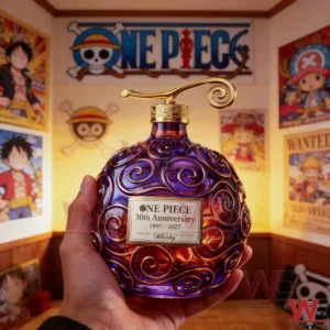 Hand holding a decorative One Piece themed whisky bottle in an anime collector room!
