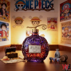 ONE PIECE 1997-2027 whisky bottle 3 One Piece themed whisky bottle displayed on a table with pirate decor!