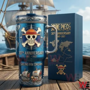 A One Piece themed tumbler with a pirate skull logo displayed on a ship deck!