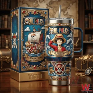 Stainless steel tumbler and matching box with a straw hat pirate character and ornate nautical artwork!