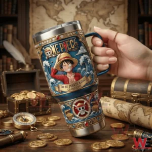 Hand holding a pirate themed stainless steel tumbler over coins maps and treasure chests!