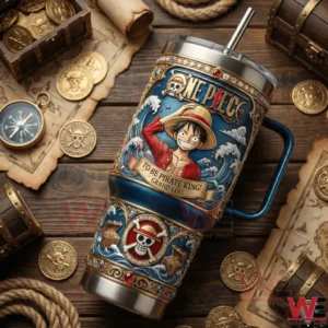 Top down view of a pirate themed stainless steel tumbler on a wooden table with coins rope and maps!