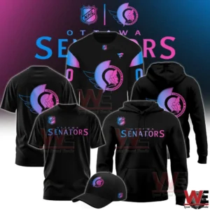 Ottawa Senators cyberpunk style hockey jersey hoodie shirt and cap collection in neon colors!