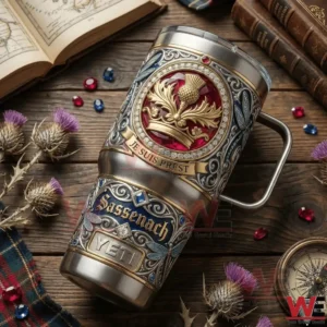 Ornate handled steel tumbler on a wooden table with books and small gems!