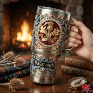 Hand holding an ornate handled steel tumbler with a fireplace in the background!