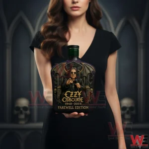 Woman holding a dark gothic rock themed collectible bottle!