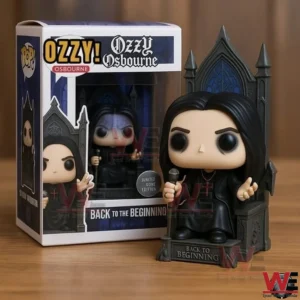 Collectible Ozzy Osbourne figure sitting on gothic throne with branded box behind!