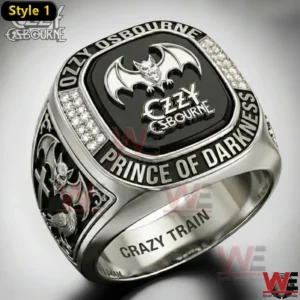 Silver Ozzy Osbourne ring with black face and bat emblem Prince of Darkness engraving.