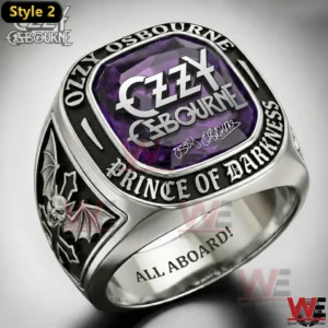 Silver Ozzy Osbourne ring with purple gemstone and Prince of Darkness engraving.