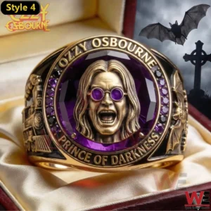 Gold Ozzy Osbourne ring with portrait center and purple gemstone background.
