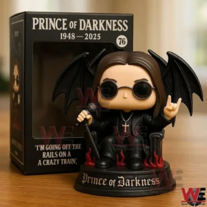 Vinyl figure of dark rock singer with wings glasses cross necklace and microphone sitting on throne with flames!