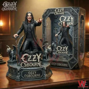 Resin statue of Ozzy Osbourne on a gothic base with gargoyles and themed packaging behind!