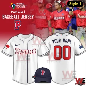 White Panama baseball jersey with custom name and number option and navy cap!