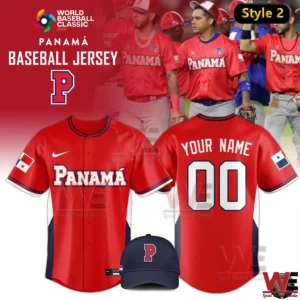Red Panama baseball jersey with custom name and number and matching navy cap!