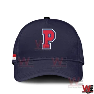 Navy Panama baseball cap with red letter P logo and side flag patch!