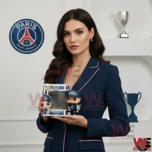 Woman holding Paris Saint Germain champion figure in club themed room!