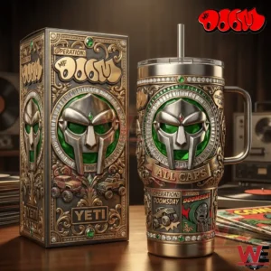 Operation MF Doom themed insulated tumbler with ornate metal design and matching box on a wooden table!